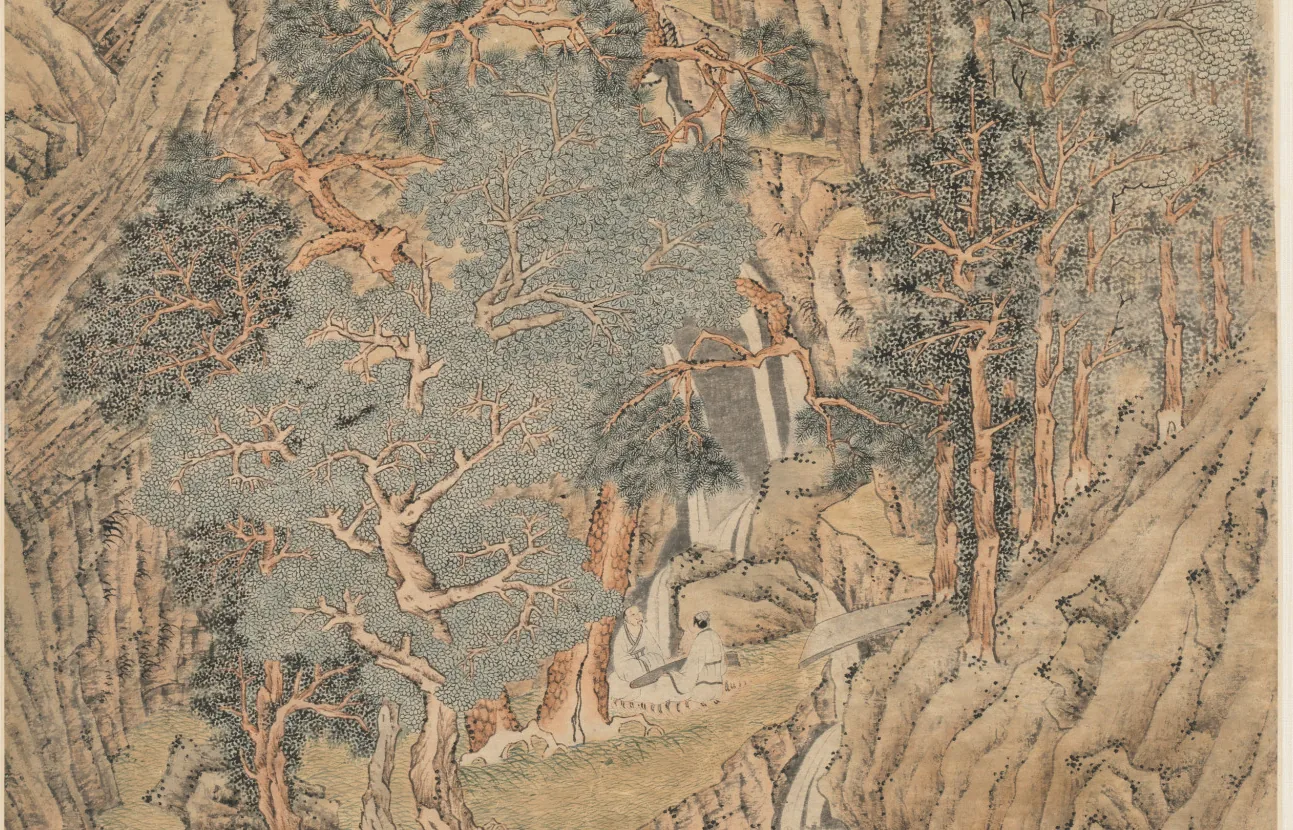 明代《幽壑鸣琴图》局部,山林瀑布间文士抚琴